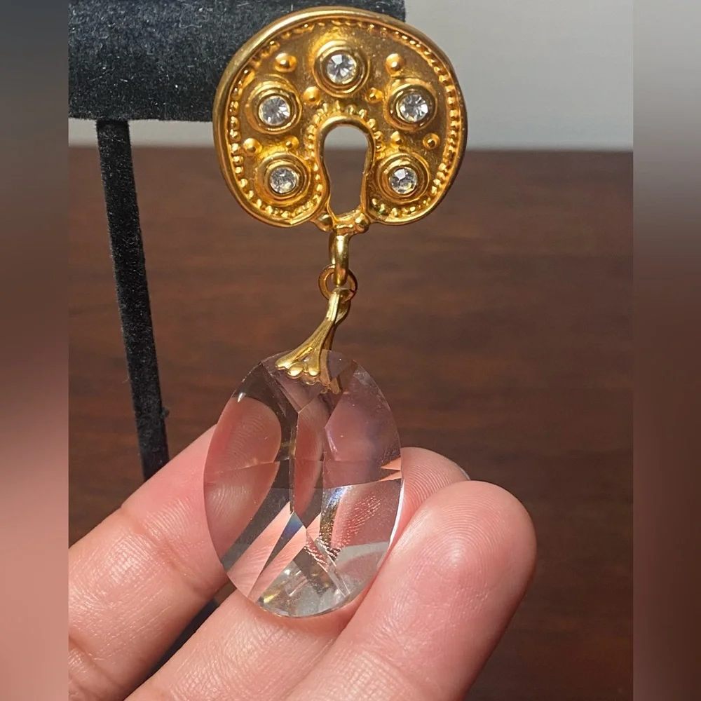 Gold Tone Drop Earrings | Faceted Clear Dangles Statement - Picture 7 of 11